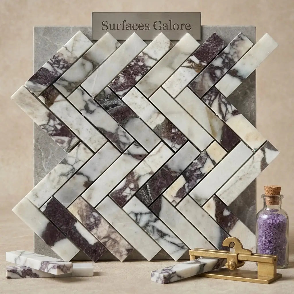 Calacatta viola imperiale marble 1x4 herringbone mosaic polished-honed tiles with white and deep purple veining arranged diagonally