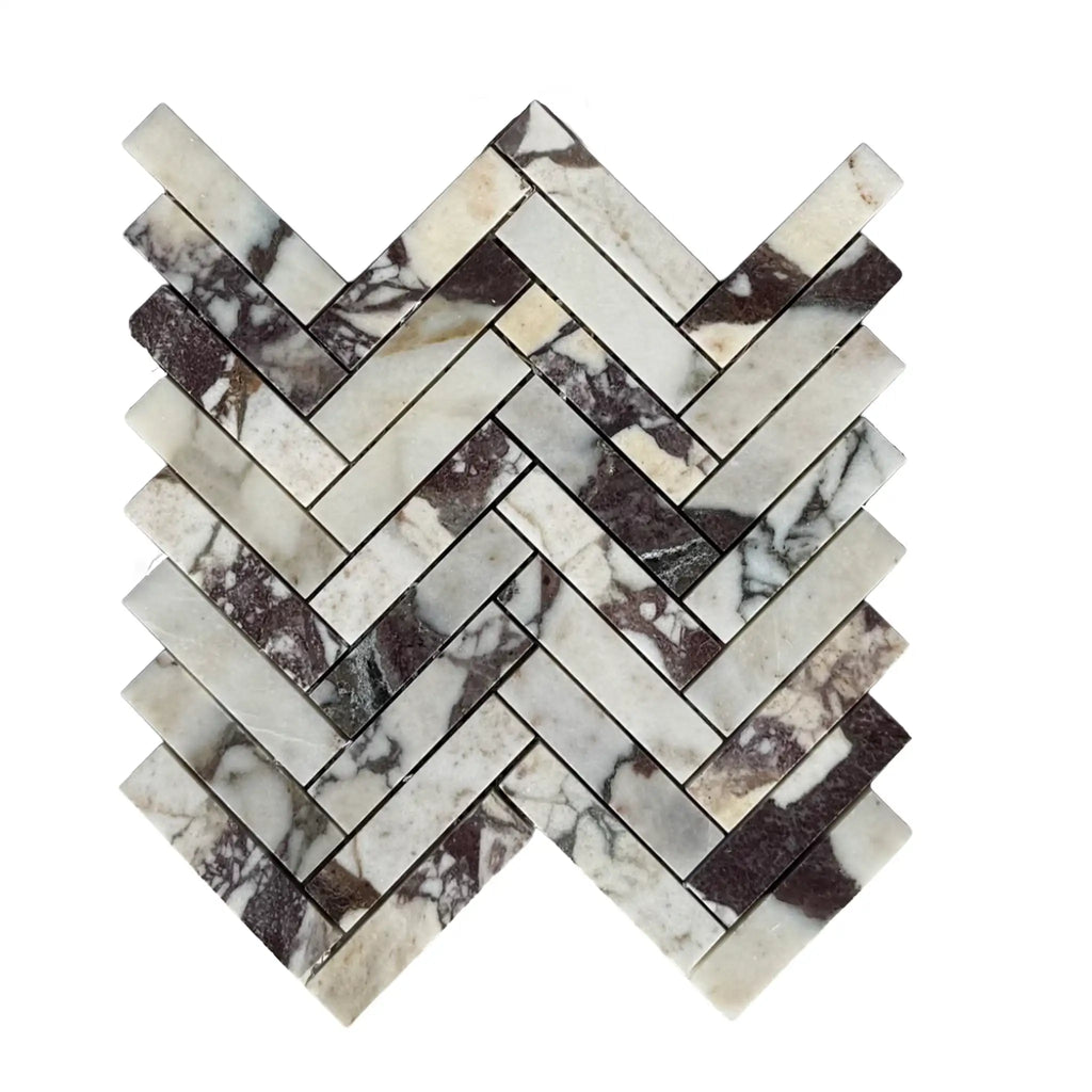 Calacatta Viola Imperiale marble herringbone mosaic tile, polished-honed