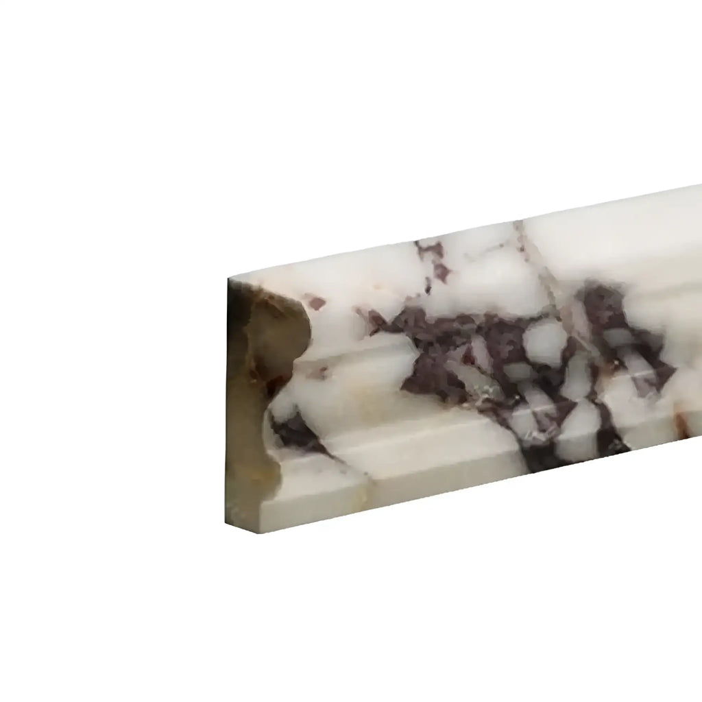 Calacatta Viola Imperiale marble 2x12 Milano chair rail trim with white and dark brown veined crown molding, polished or honed