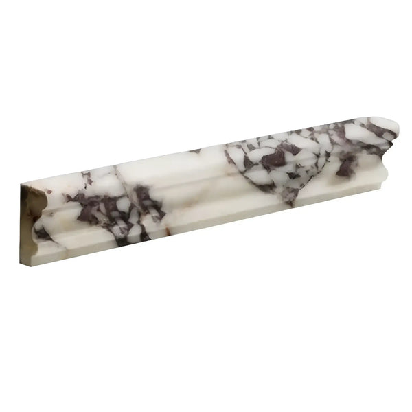Calacatta Viola Imperiale marble 2x12 Milano chair rail trim in white and dark brown, ornate polished profile