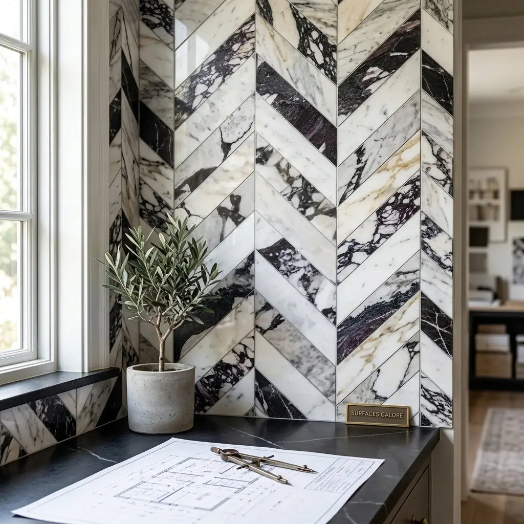 Calacatta viola imperiale marble 2x8 polished-honed black and white chevron mosaic tiles in marble material
