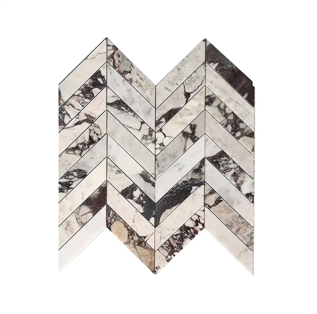 Calacatta Viola Imperiale marble 2x8 chevron mosaic tile in polished-honed finish with white, gray, and dark veining