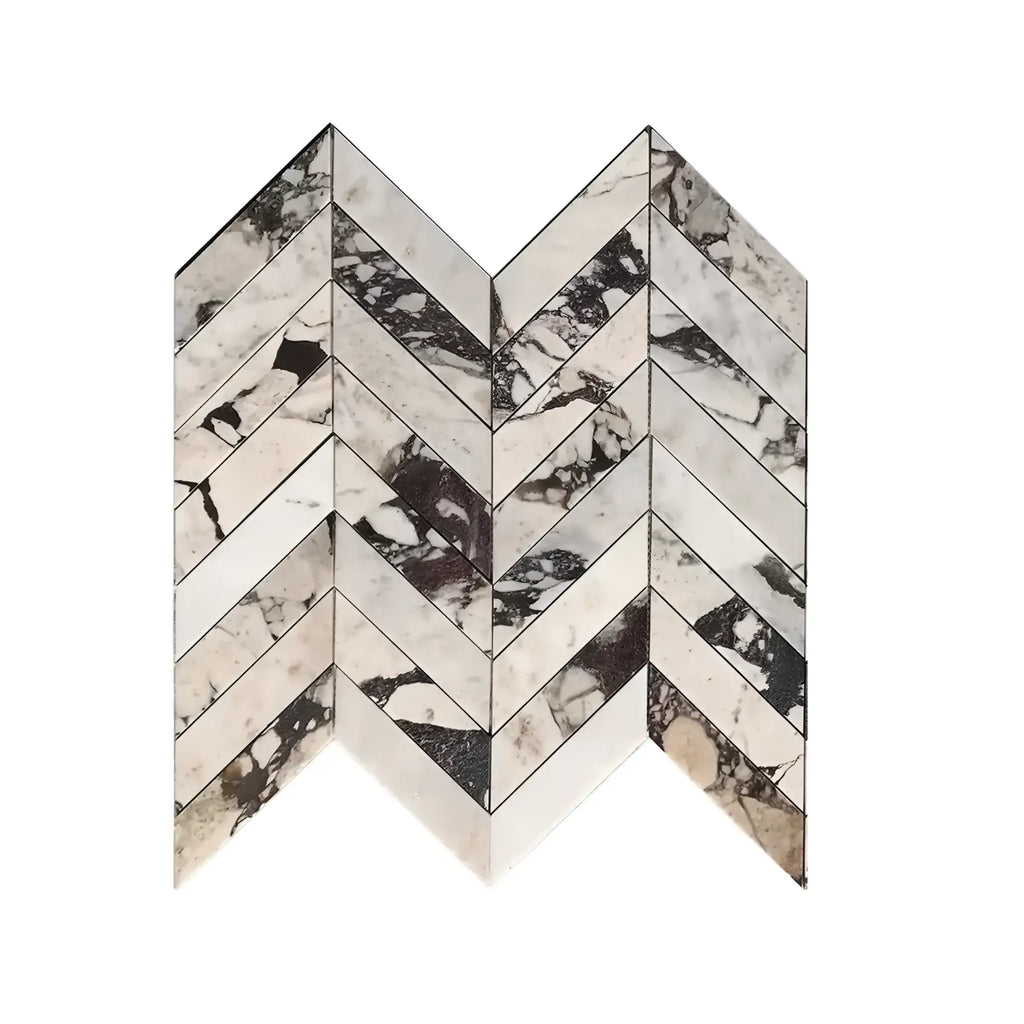 Calacatta Viola Imperiale marble 2x8 chevron mosaic in herringbone pattern