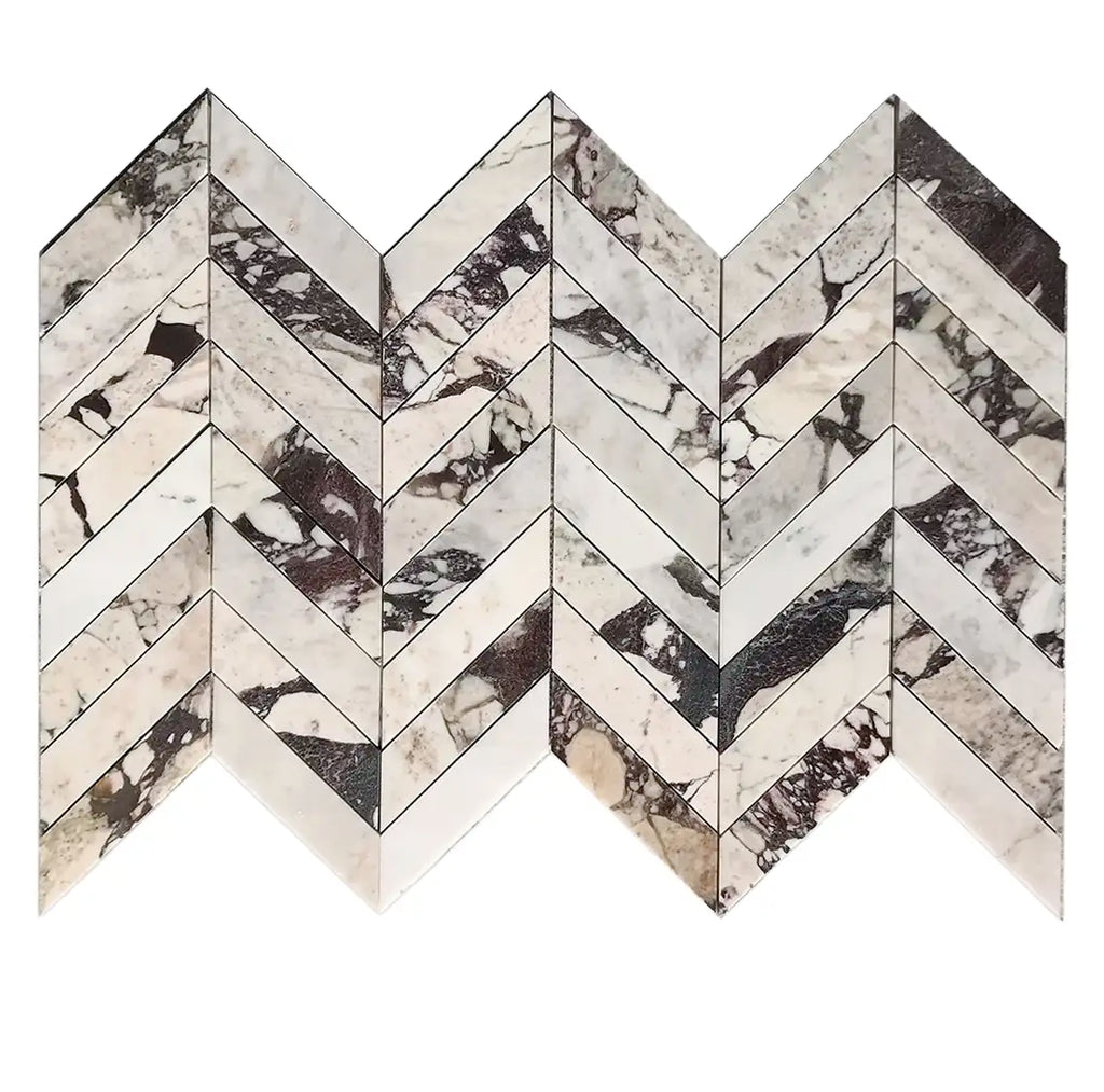 Polished-honed Calacatta Viola Imperiale marble 2x8 chevron mosaic tiles in black and white