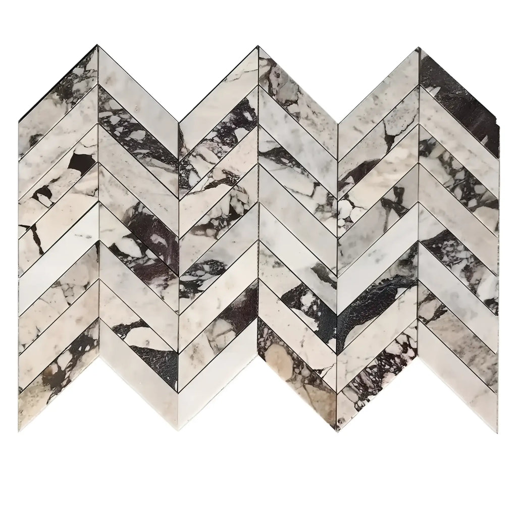 Polished-honed Calacatta Viola Imperiale marble 2x8 chevron mosaic tiles in black and white