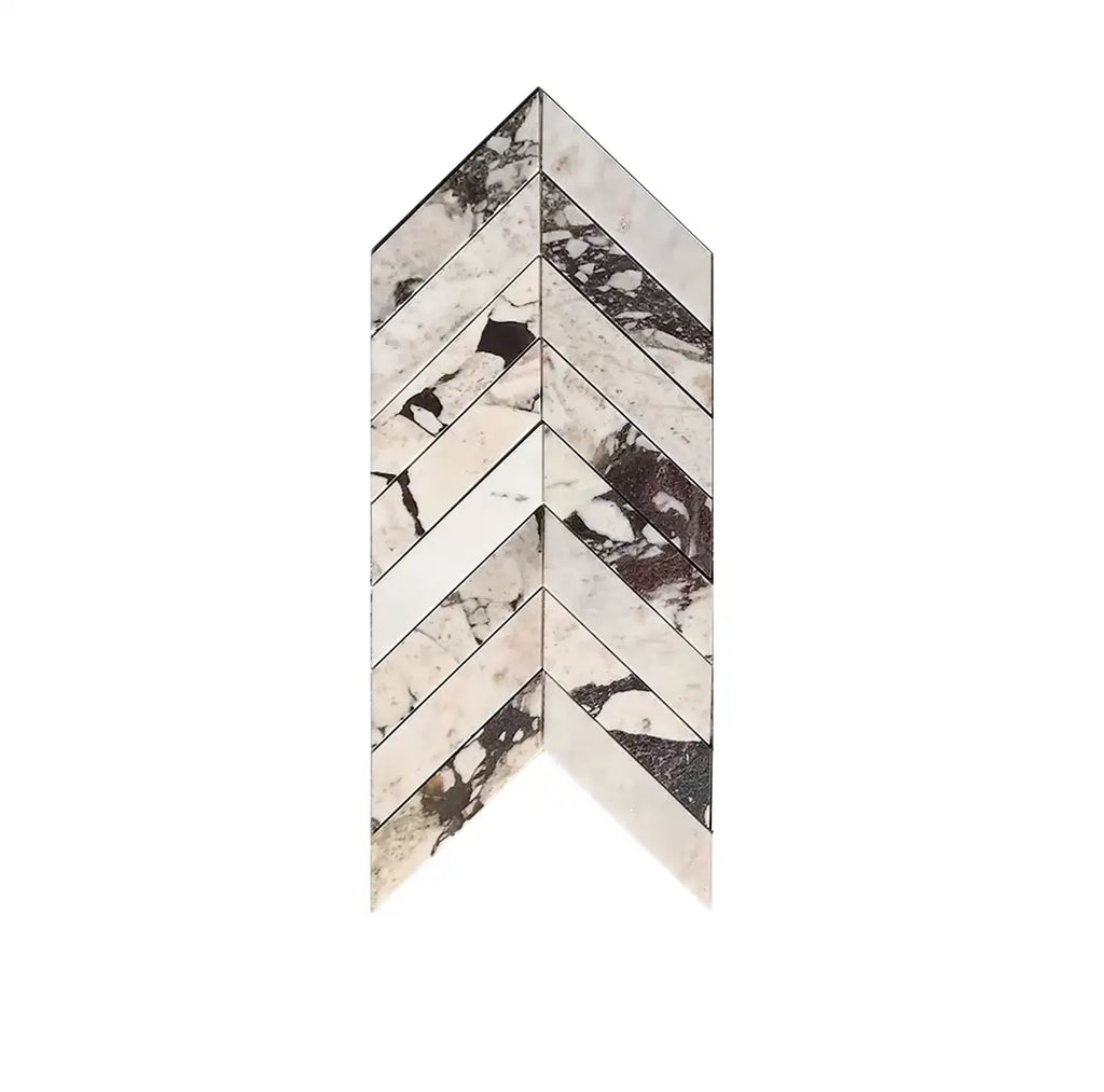 Calacatta Viola Imperiale marble 2x8 chevron mosaic tile panel in polished-honed white and black veined design