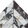 Calacatta Viola Imperiale marble 2x8 chevron mosaic with veining and gold accents