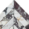 Calacatta Viola Imperiale marble 2x8 chevron mosaic with veining and gold accents