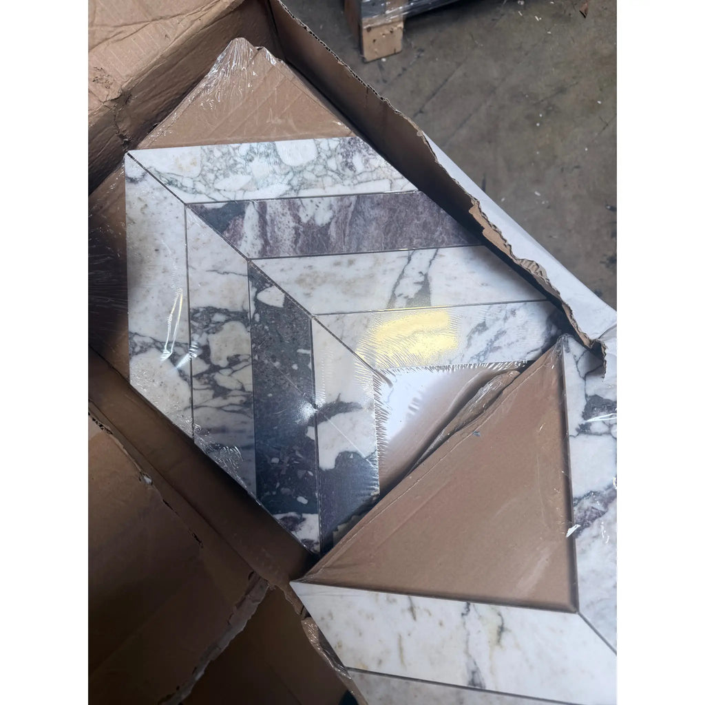 Calacatta Viola Imperiale marble 2x8 chevron mosaic with white gray pattern