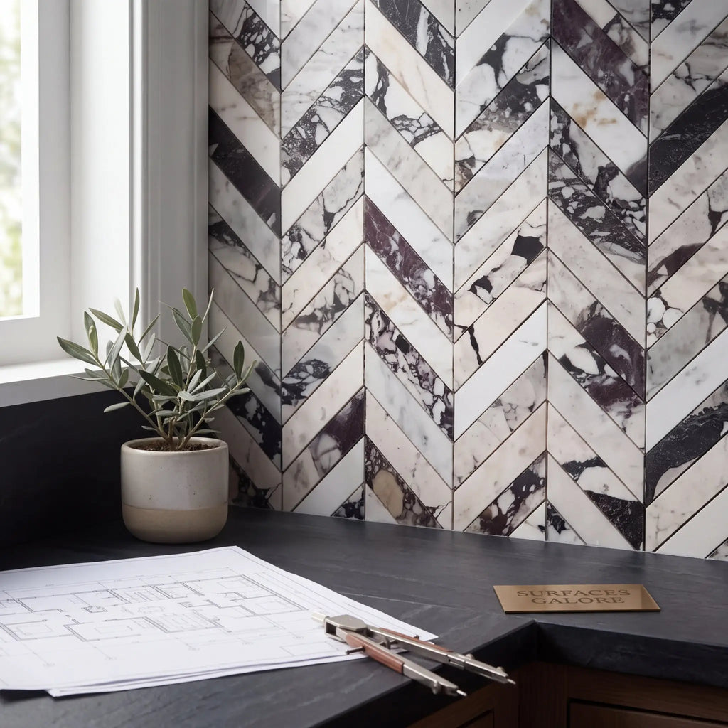 Calacatta viola imperiale marble 2x8 chevron mosaic polished-honed black and white marble tiles in herringbone pattern