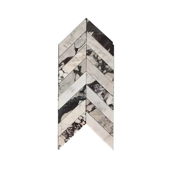 Calacatta Viola Imperiale black white chevron mosaic tile panel