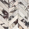 Calacatta Viola Imperiale marble 2x8 chevron mosaic in herringbone pattern with white and dark veining, polished-honed