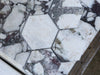 Calacatta Viola Imperiale 3’’ hexagon marble mosaic with white tiles, dark veining, polished-honed finish, and silver grout