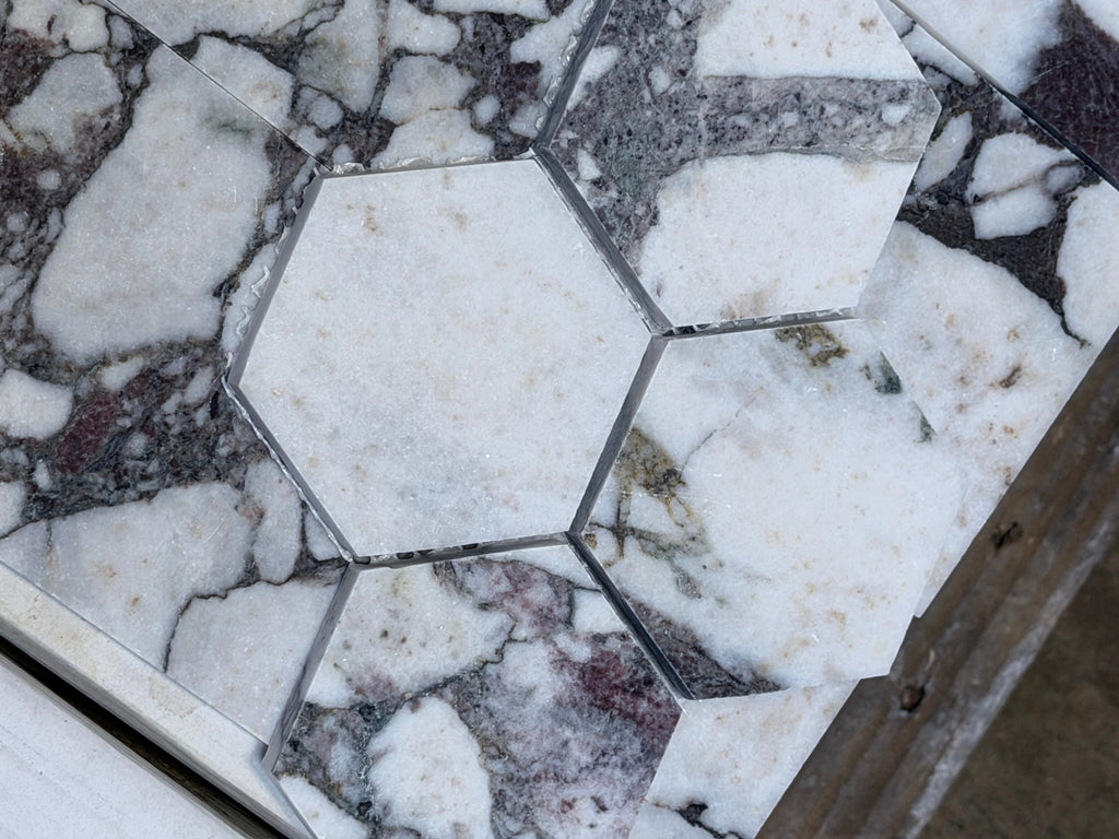 Calacatta Viola Imperiale 3’’ hexagon marble mosaic with white tiles, dark veining, polished-honed finish, and silver grout