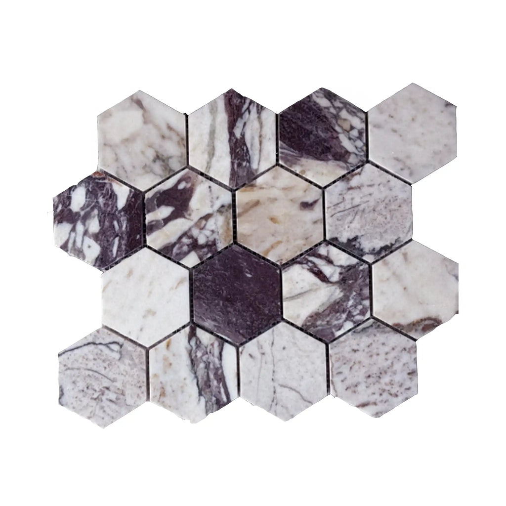 Calacatta Viola Imperiale marble 3-inch hexagon mosaic in polished-honed white, gray, and dark purple veining