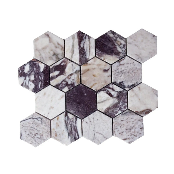 Calacatta Viola Imperiale marble 3-inch hexagon mosaic in polished-honed white, gray, and dark purple veining