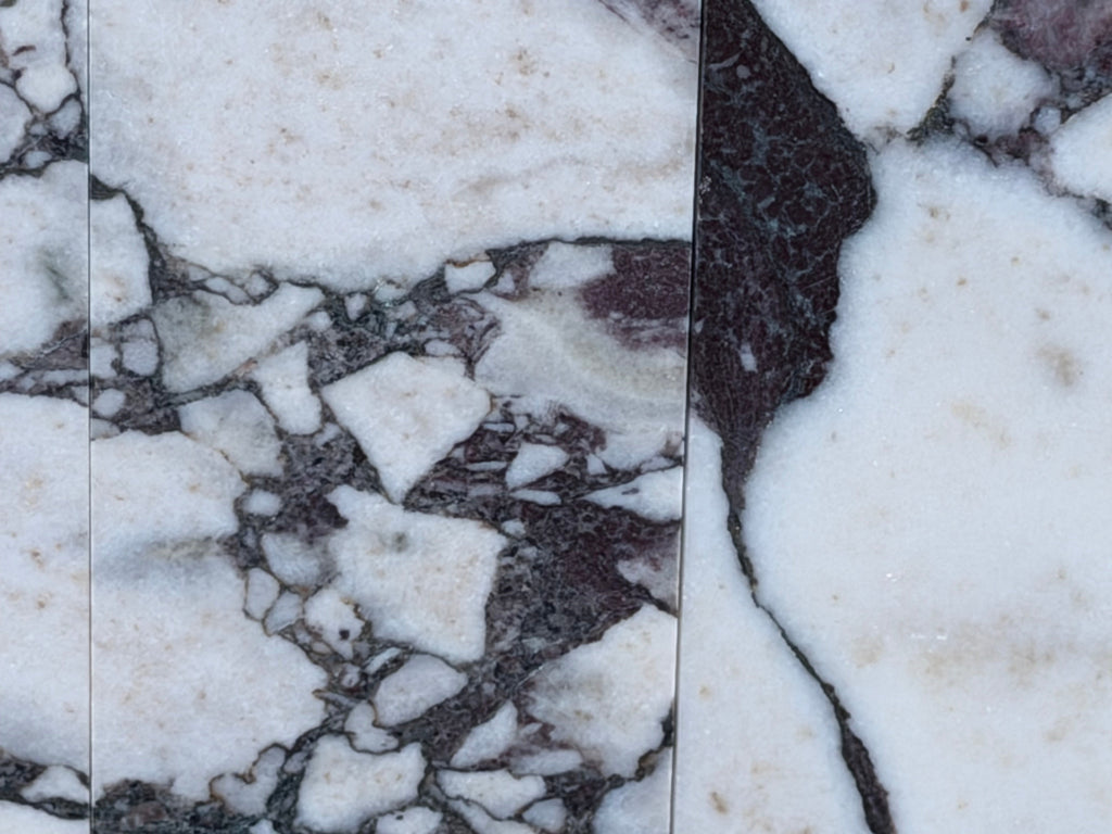 Calacatta Viola Imperiale marble hexagon mosaic with white slab and black gray veining