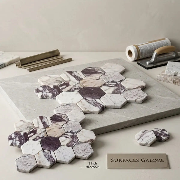 Calacatta Viola Imperiale marble 3 inch hexagon mosaic polished-honed tiles with white and purple veining on gray surface
