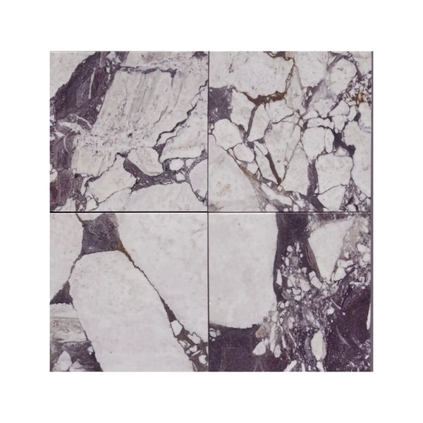 Calacatta Viola Imperiale white and dark gray veined marble hexagon mosaic tile panels, polished-honed finish