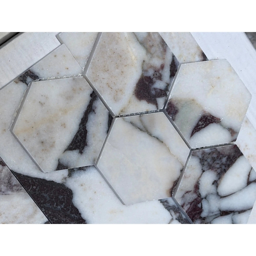Calacatta Viola Imperiale marble 3-inch hexagon mosaic with polished-honed finish