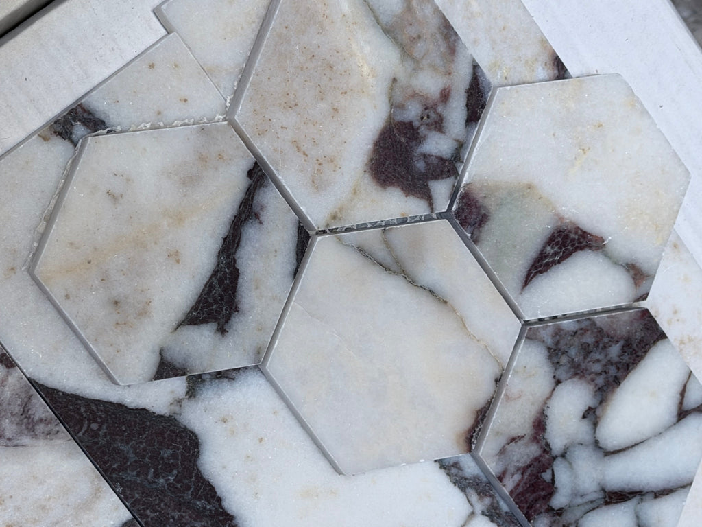 Calacatta Viola Imperiale marble 3-inch hexagon mosaic with polished-honed finish