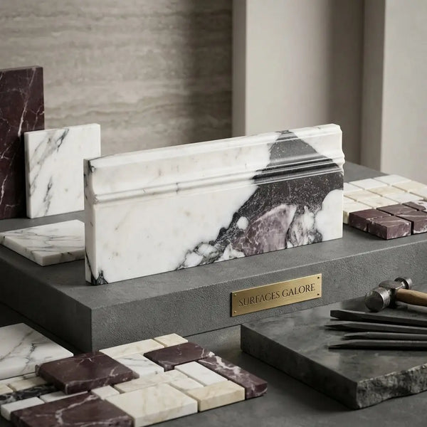 White marble crown molding with black and gray veining calacatta viola imperiale polished baseboard trim