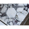 Calacatta Viola Imperiale hexagonal white marble mosaic tile 4x12 polished-honed with dark veining and silver grout