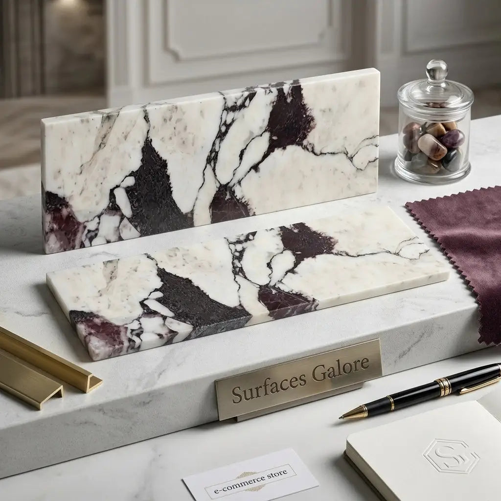 Two rectangular calacatta viola imperiale marble slabs with white base and purple black veining on matching surface