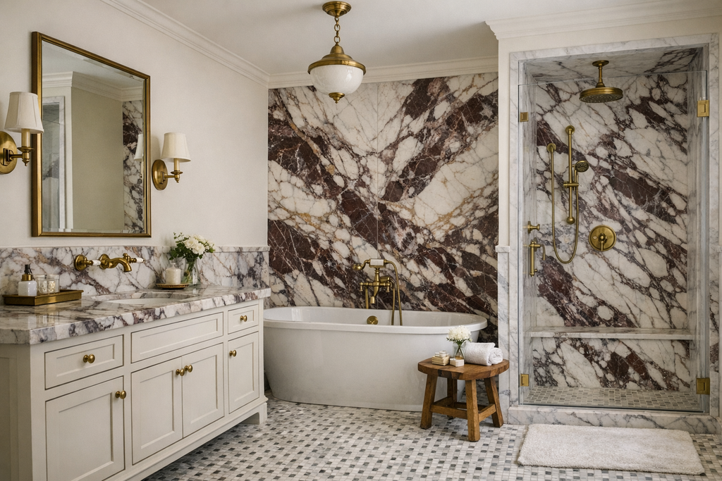 White freestanding bathtub with gold fixtures in Calacatta Viola Imperiale marble