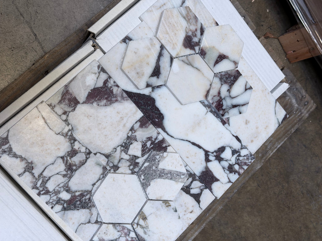 Calacatta Viola Imperiale marble 4x12 polished-honed hexagonal tiles