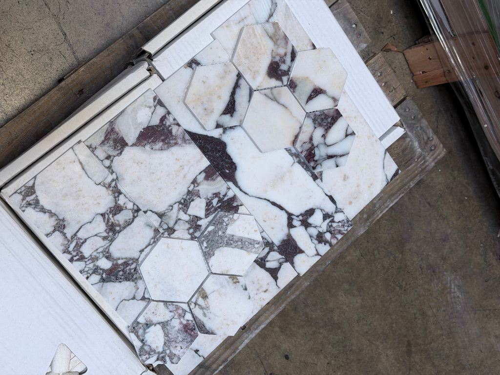 Calacatta Viola Imperiale marble 4x12 polished-honed hexagonal mosaic tiles with white and dark gray veining