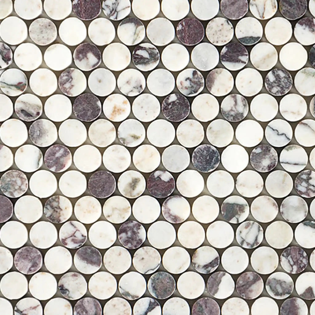Calacatta Viola Imperiale marble pennyround mosaic in white gray veining