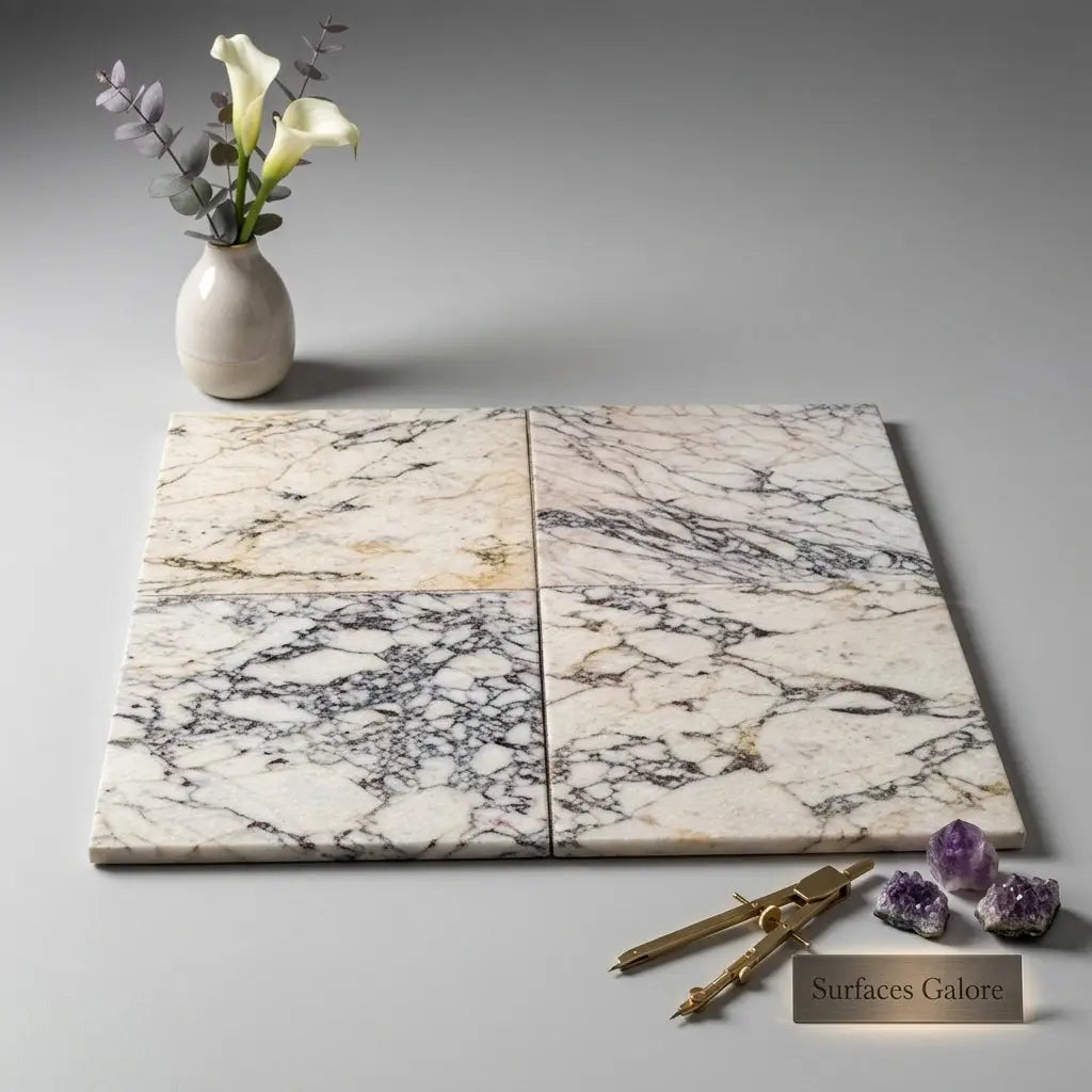 Four polished honed calacatta violetta royale marble tiles with white base and gray black golden veining 12x12 size