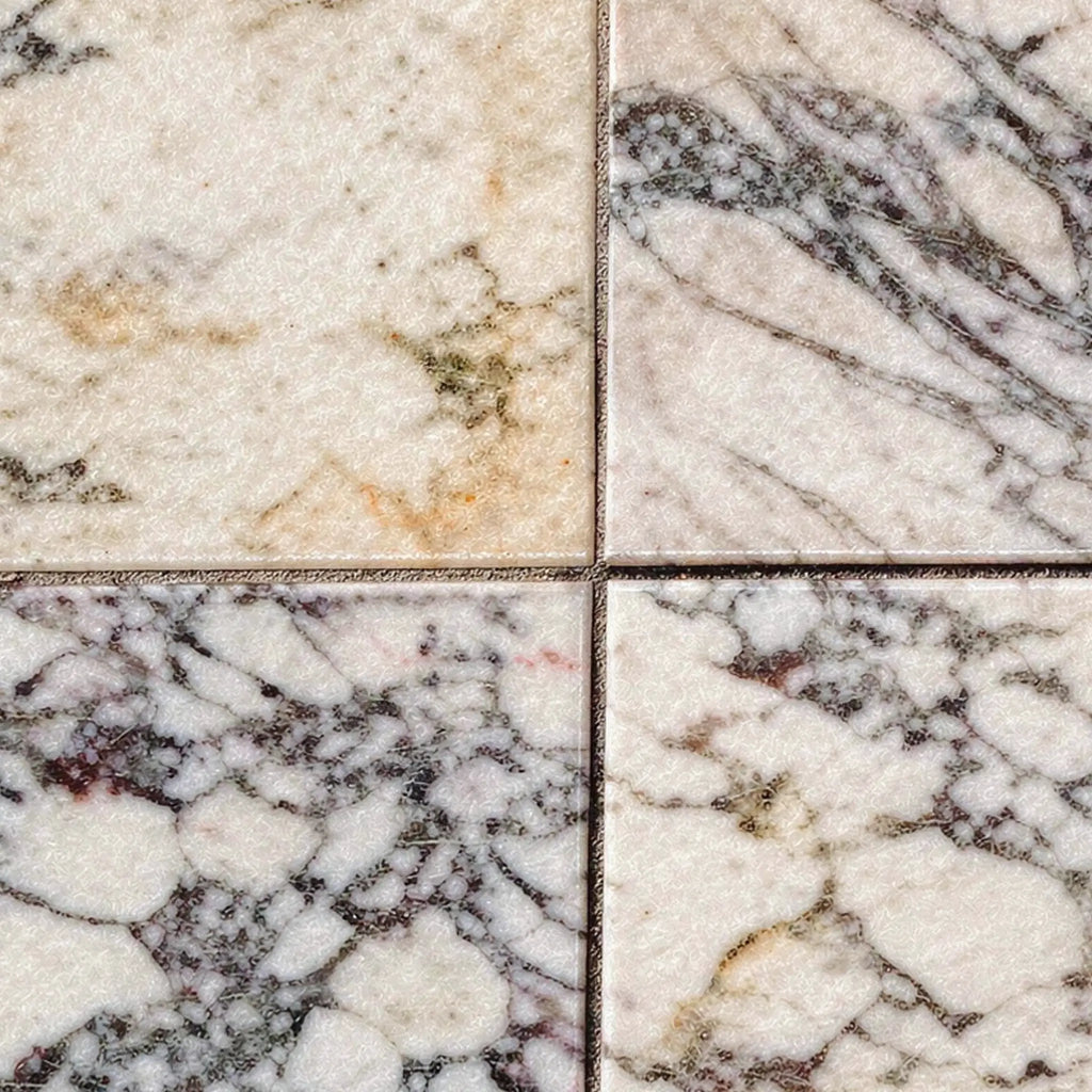 Calacatta Violetta Royale Monet Marble 12x12 polished-honed white tiles with gray black brown veining