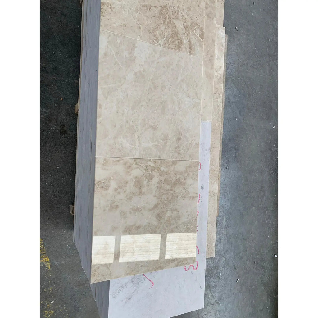 Stack of beige Cappuccino Marble 18X18 polished tiles for elegant flooring