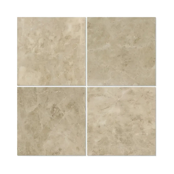Four beige Cappuccino Marble 24X24 Polished tiles showcasing elegant design