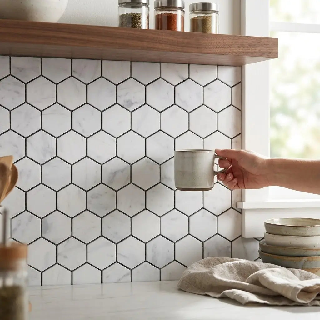 A matte gray ceramic mug with a simple modern design displayed on carrara white 1 inch hexagon mosaic marble tile polished or honed