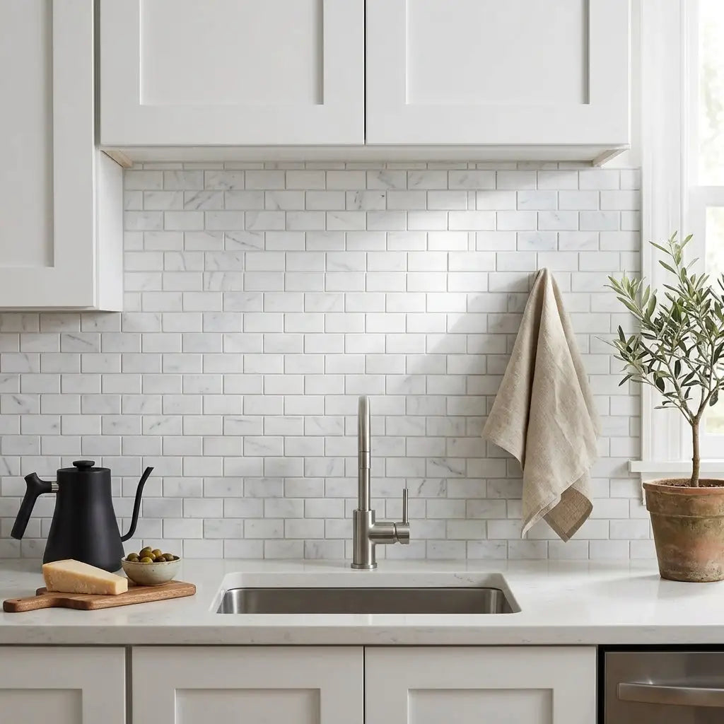 Carrara white brick mosaic marble tile polished with white subway tile backsplash featuring subtle gray veining