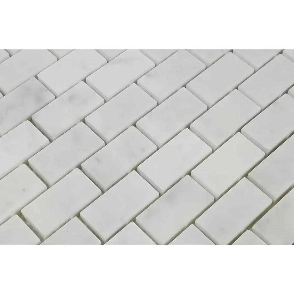 Carrara White 1X2 Brick Mosaic Marble Tile Polished or Honed in a white marble pattern