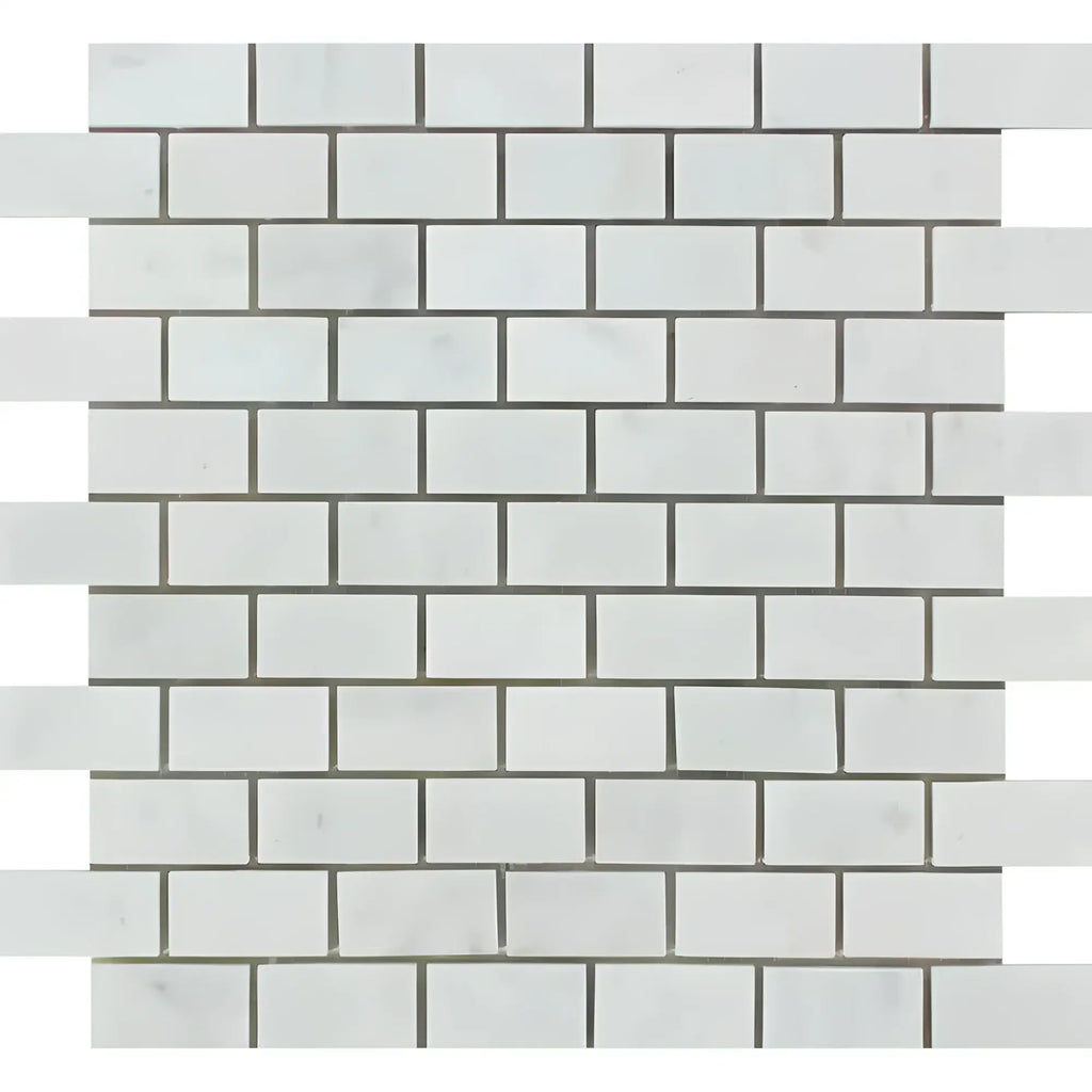 Carrara White 1X2 Brick Mosaic Marble Tile showcasing polished and honed white brick pattern