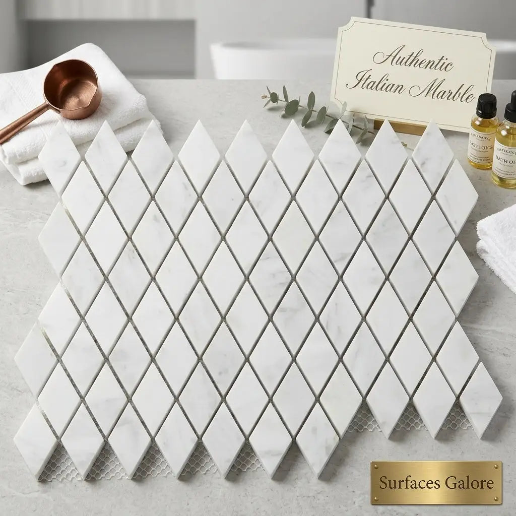 Carrara white 1x2 diamond rhomboid mosaic marble tile polished with white diamond-shaped tiles and subtle gray veining