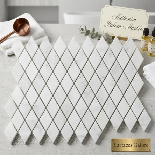 Carrara white 1x2 diamond rhomboid mosaic marble tile polished with white diamond-shaped tiles and subtle gray veining