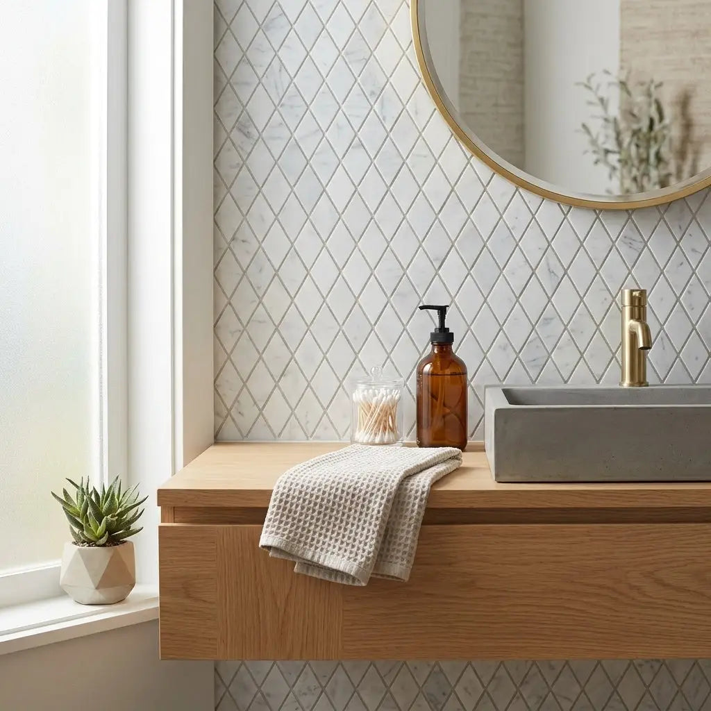 A sleek amber glass soap dispenser with a black pump top on a wooden vanity next to carrara white diamond rhomboid marble tile