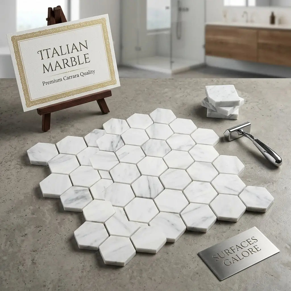 Carrara white 2 inch hexagon mosaic marble tile polished or honed with white hexagonal tiles and subtle gray veining