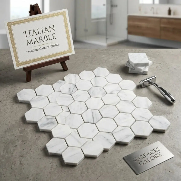 Carrara white 2 inch hexagon mosaic marble tile polished or honed with white hexagonal tiles and subtle gray veining