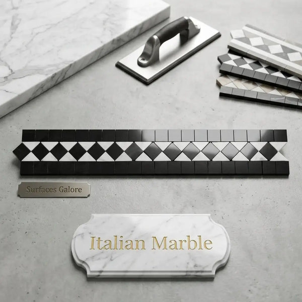 Carrara white 2x12 bias border polished mosaic tile strip with black diamond pattern in black and white colors