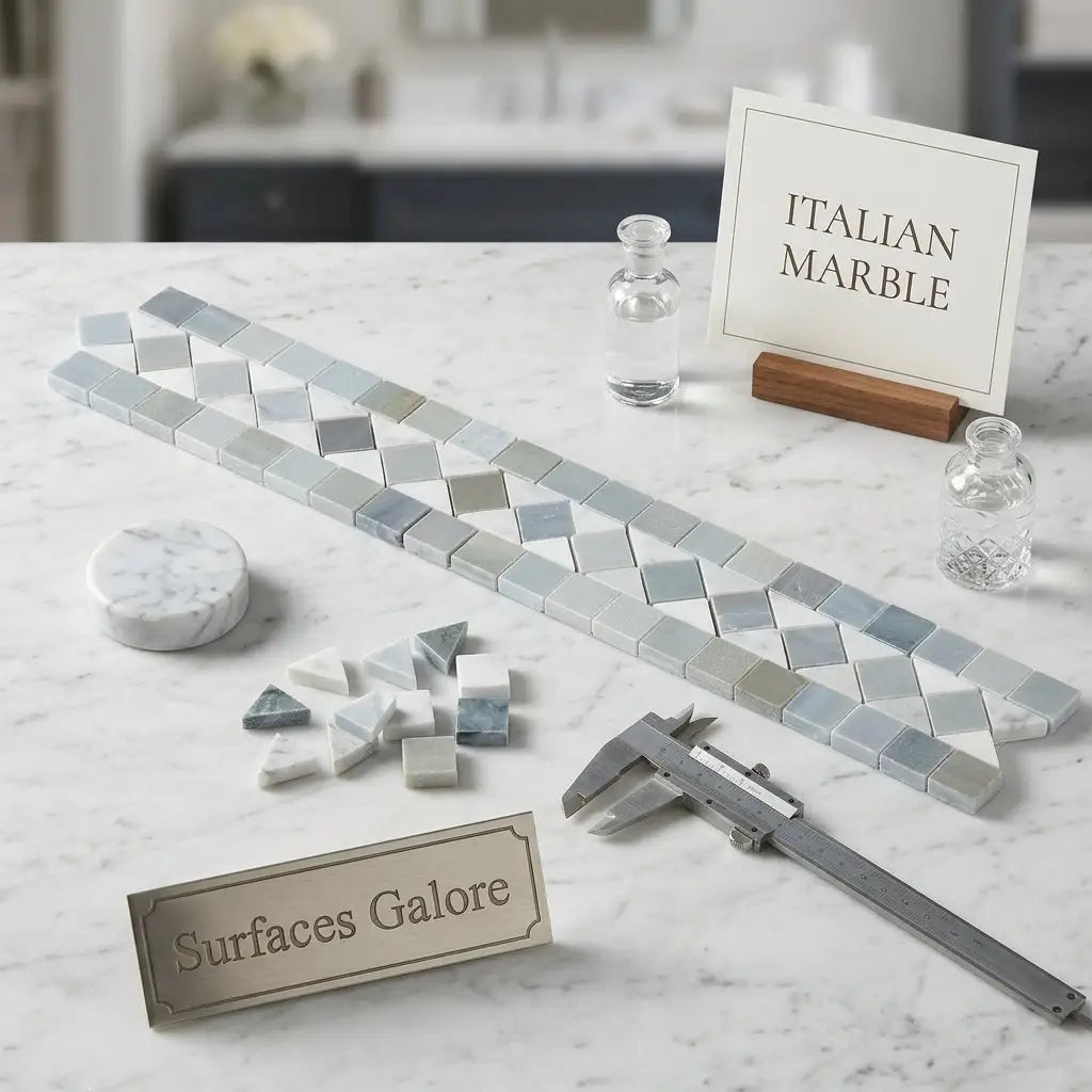 A long elegant strip of polished carrara white italian marble mosaic tiles in a geometric diamond pattern with blue-gray