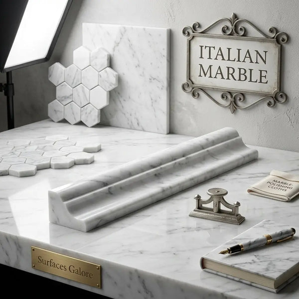 A sleek white italian marble Carrara white 2x12 crown Mercer molding liner with subtle gray veining and polished finish