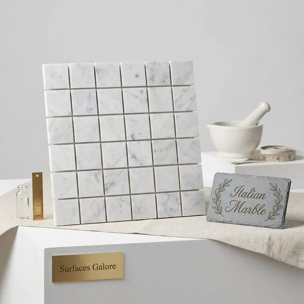 Carrara white 2x2 mosaic marble tile panel in white italian marble with subtle gray veining polished or honed finish