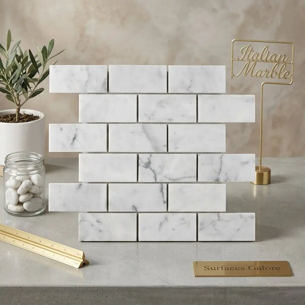 Carrara white 2x4 brick mosaic marble tile polished or honed with white marble subway tiles and subtle gray veining